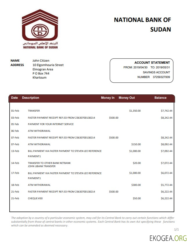 Modèle de relevé bancaire de la Banque nationale du Soudan du Soudan au format Word et PDF
